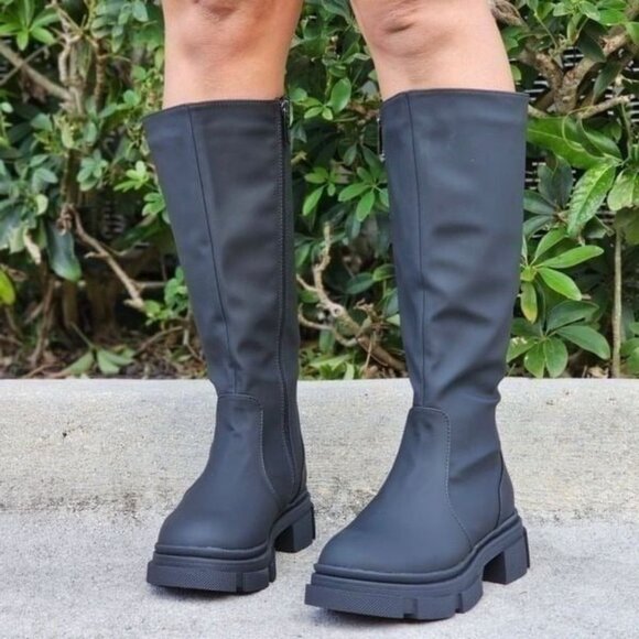 Women's Mid Calf Boots Round Toe Black Color - Picture 1 of 6